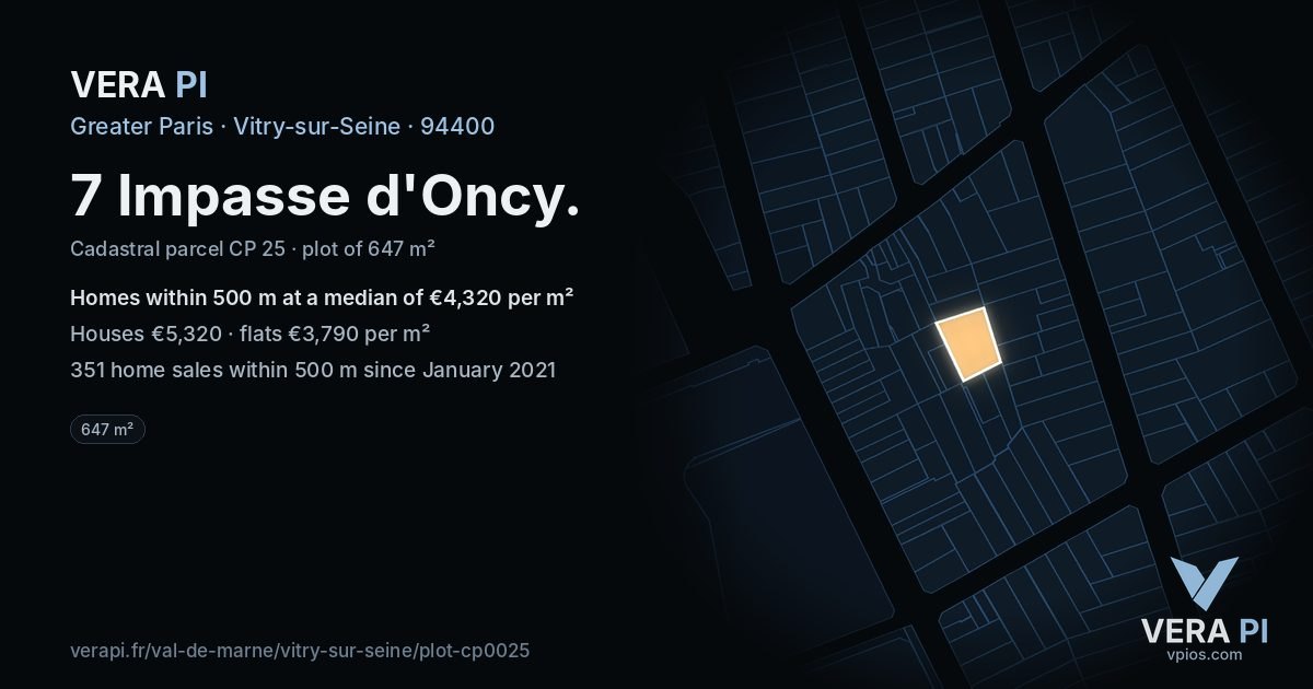 7 Impasse d'Oncy, Vitry-sur-Seine at night – the plot lit, the parcels around coloured by the prices near them