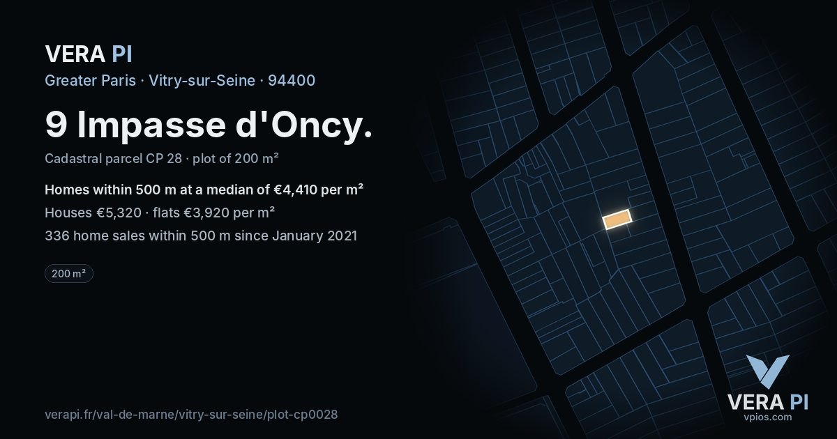 9 Impasse d'Oncy, Vitry-sur-Seine at night – the plot lit, the parcels around coloured by the prices near them