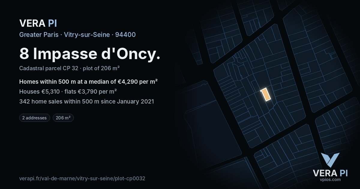 8 Impasse d'Oncy, Vitry-sur-Seine at night – the plot lit, the parcels around coloured by the prices near them