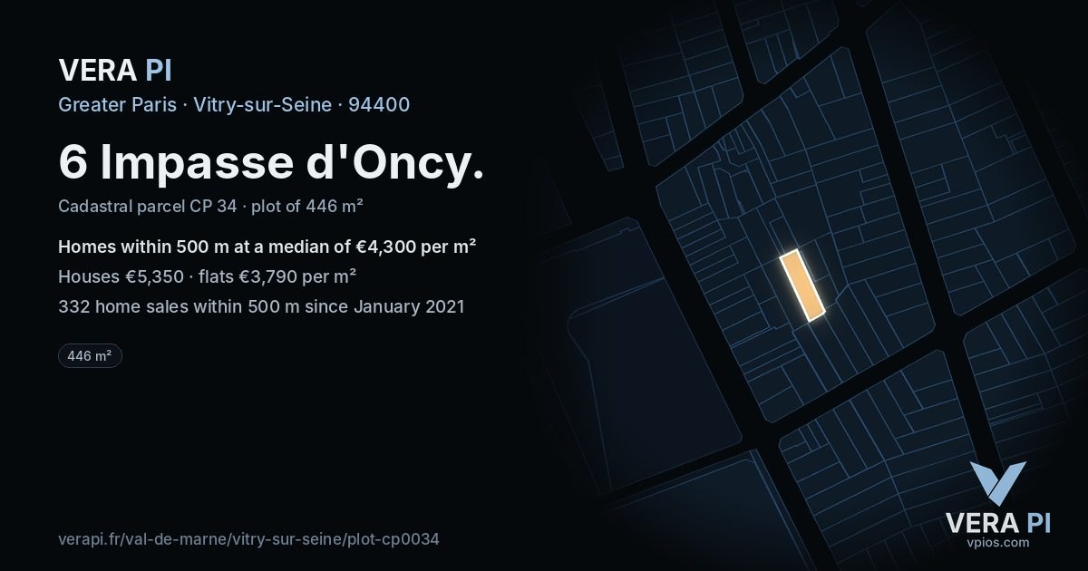 6 Impasse d'Oncy, Vitry-sur-Seine at night – the plot lit, the parcels around coloured by the prices near them