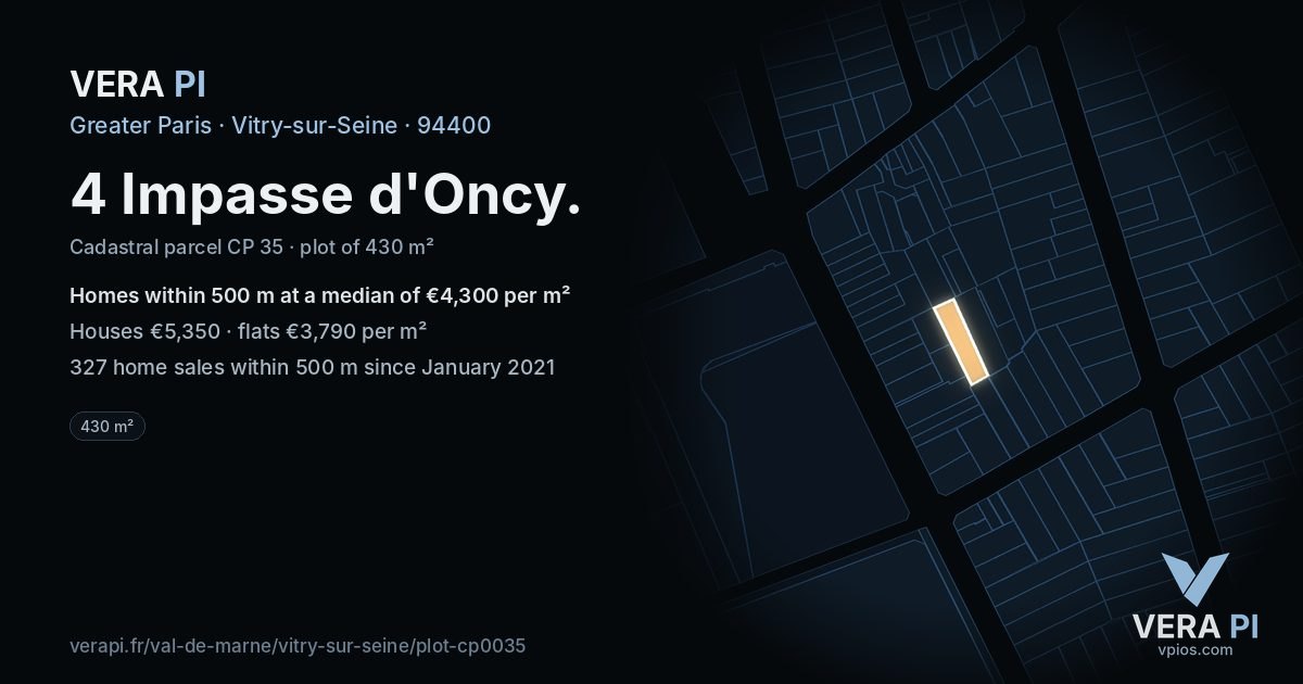4 Impasse d'Oncy, Vitry-sur-Seine at night – the plot lit, the parcels around coloured by the prices near them