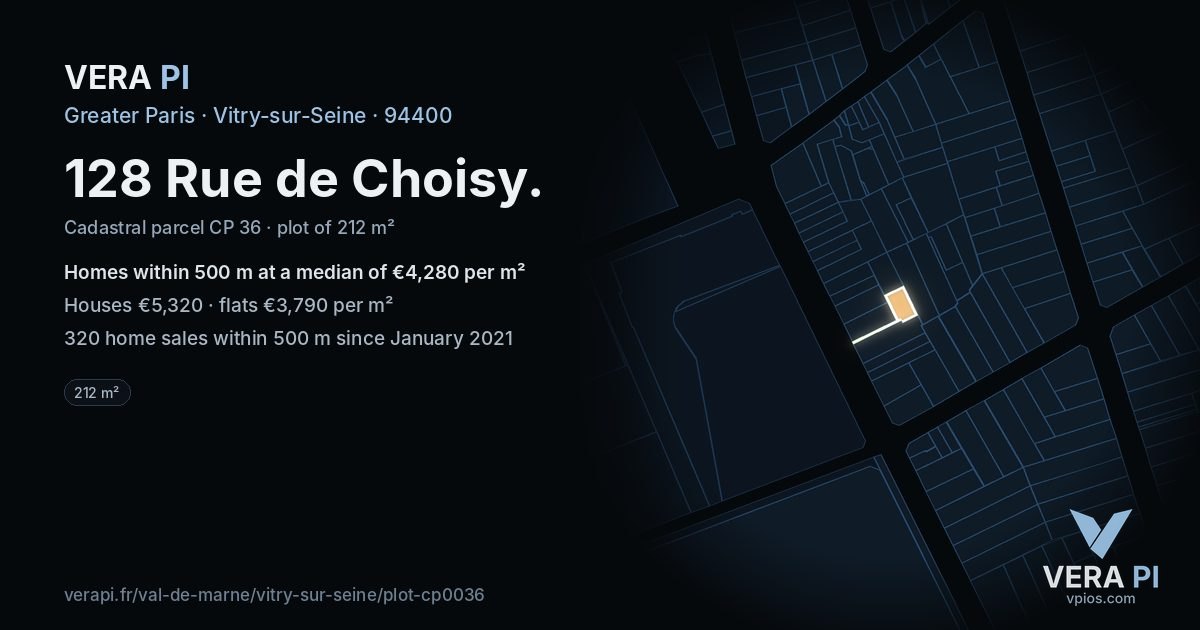 128 Rue de Choisy, Vitry-sur-Seine at night – the plot lit, the parcels around coloured by the prices near them