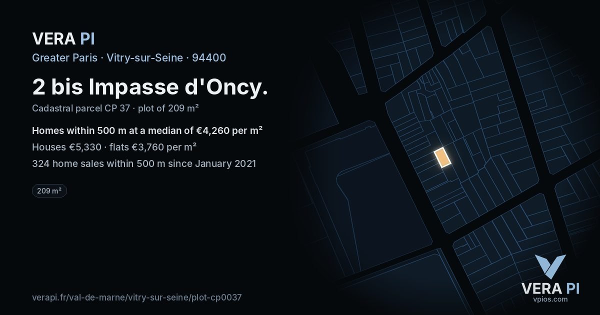 2 bis Impasse d'Oncy, Vitry-sur-Seine at night – the plot lit, the parcels around coloured by the prices near them