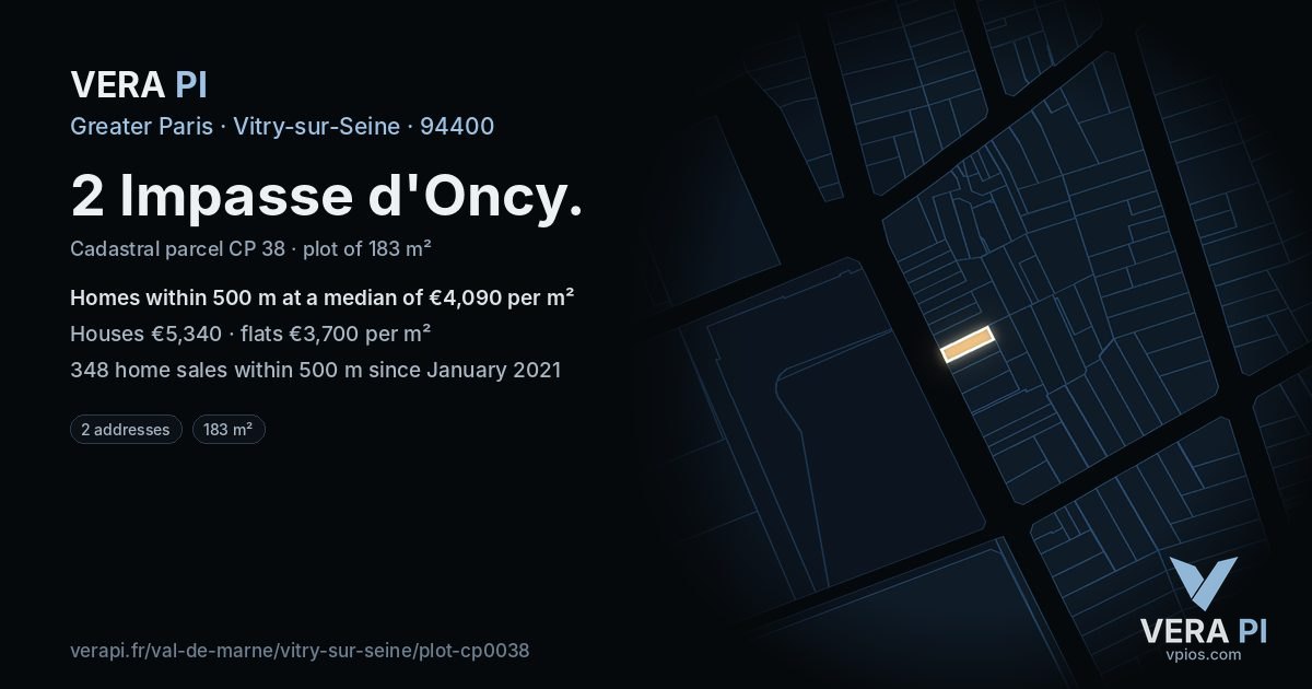 2 Impasse d'Oncy, Vitry-sur-Seine at night – the plot lit, the parcels around coloured by the prices near them