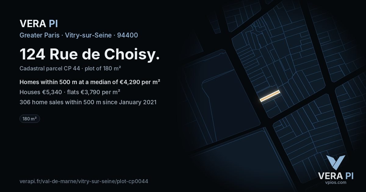 124 Rue de Choisy, Vitry-sur-Seine at night – the plot lit, the parcels around coloured by the prices near them
