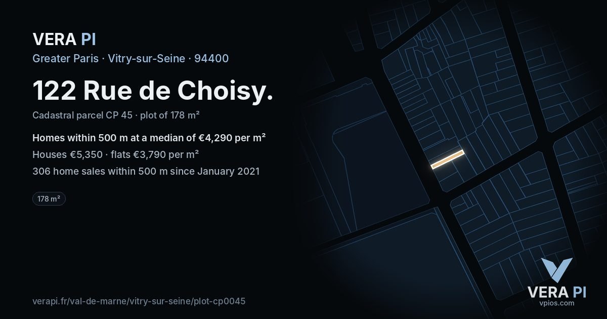 122 Rue de Choisy, Vitry-sur-Seine at night – the plot lit, the parcels around coloured by the prices near them