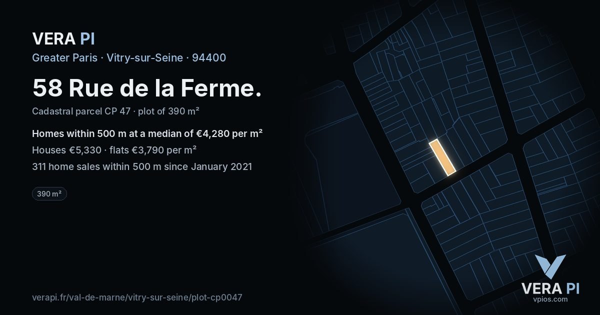58 Rue de la Ferme, Vitry-sur-Seine at night – the plot lit, the parcels around coloured by the prices near them
