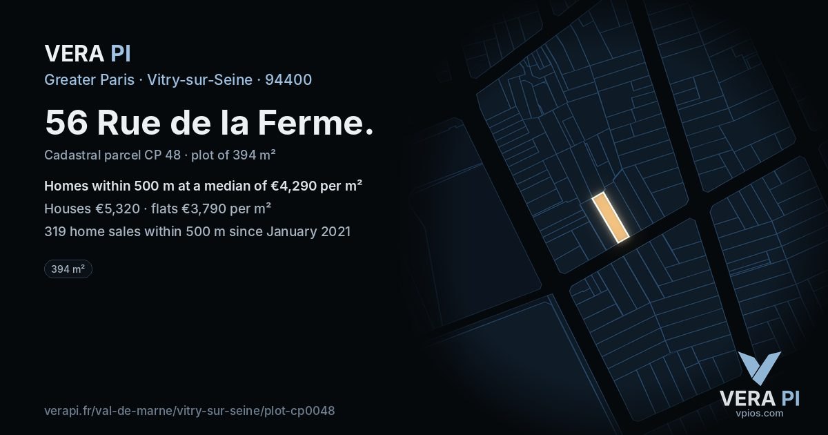 56 Rue de la Ferme, Vitry-sur-Seine at night – the plot lit, the parcels around coloured by the prices near them