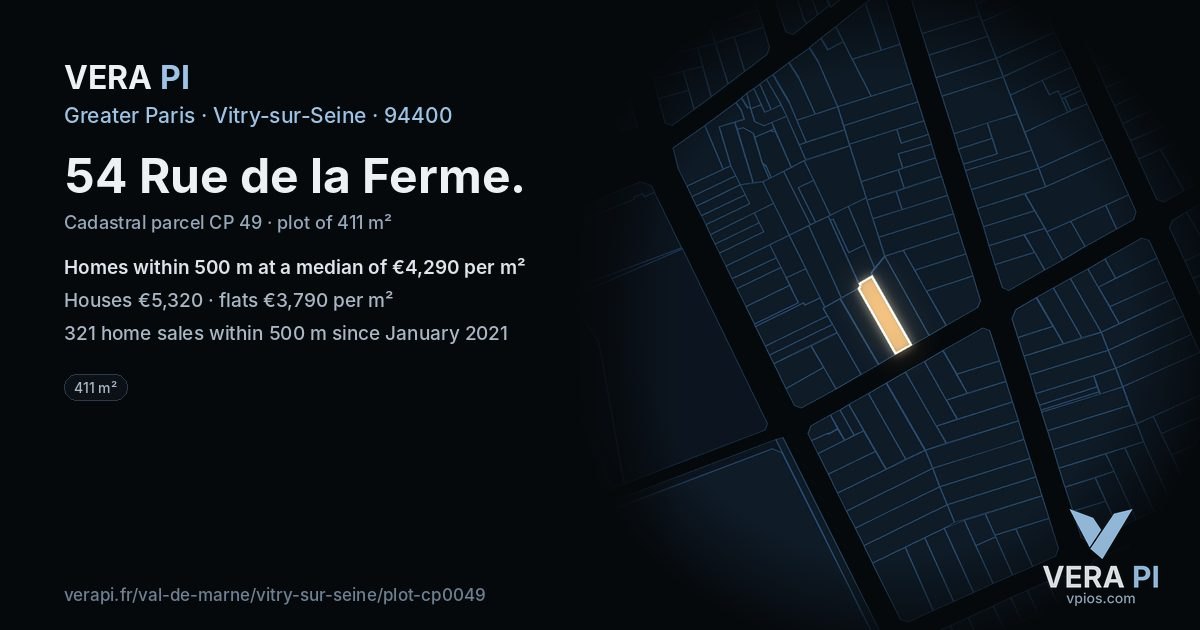 54 Rue de la Ferme, Vitry-sur-Seine at night – the plot lit, the parcels around coloured by the prices near them