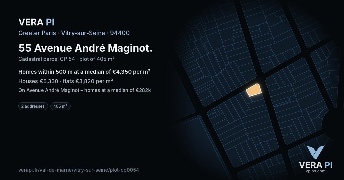 55 Avenue André Maginot, Vitry-sur-Seine at night – the plot lit, the parcels around coloured by the prices near them