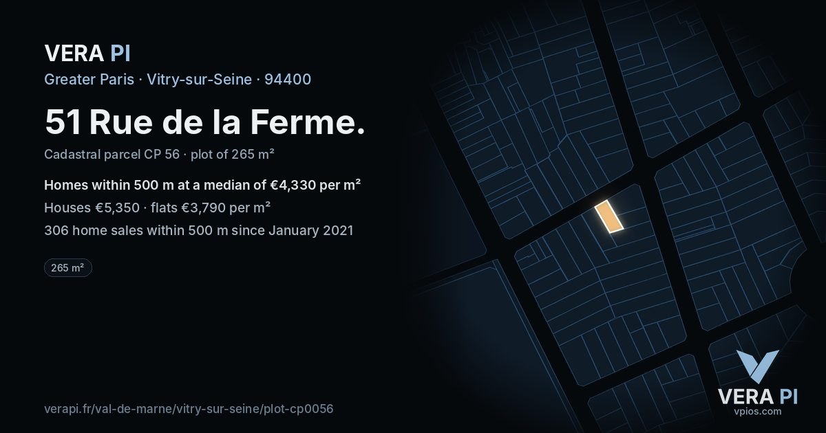 51 Rue de la Ferme, Vitry-sur-Seine at night – the plot lit, the parcels around coloured by the prices near them