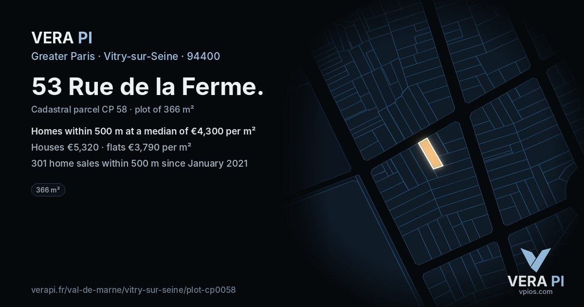 53 Rue de la Ferme, Vitry-sur-Seine at night – the plot lit, the parcels around coloured by the prices near them