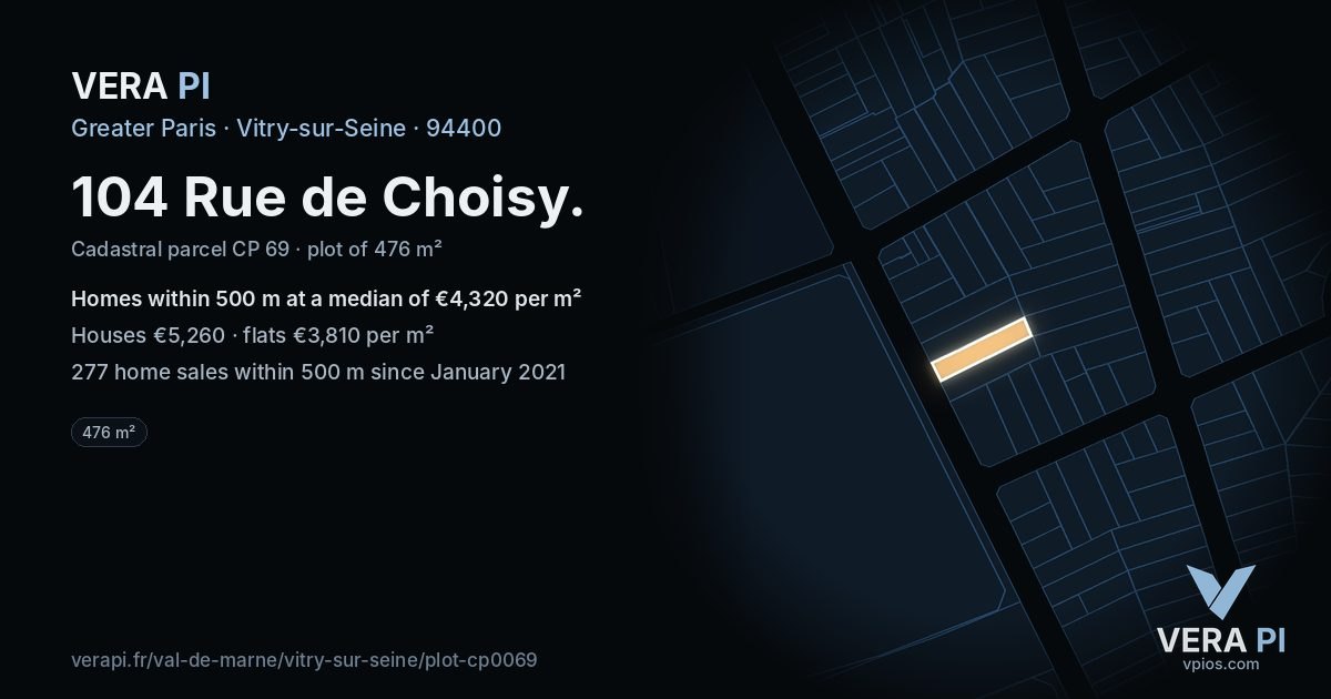 104 Rue de Choisy, Vitry-sur-Seine at night – the plot lit, the parcels around coloured by the prices near them