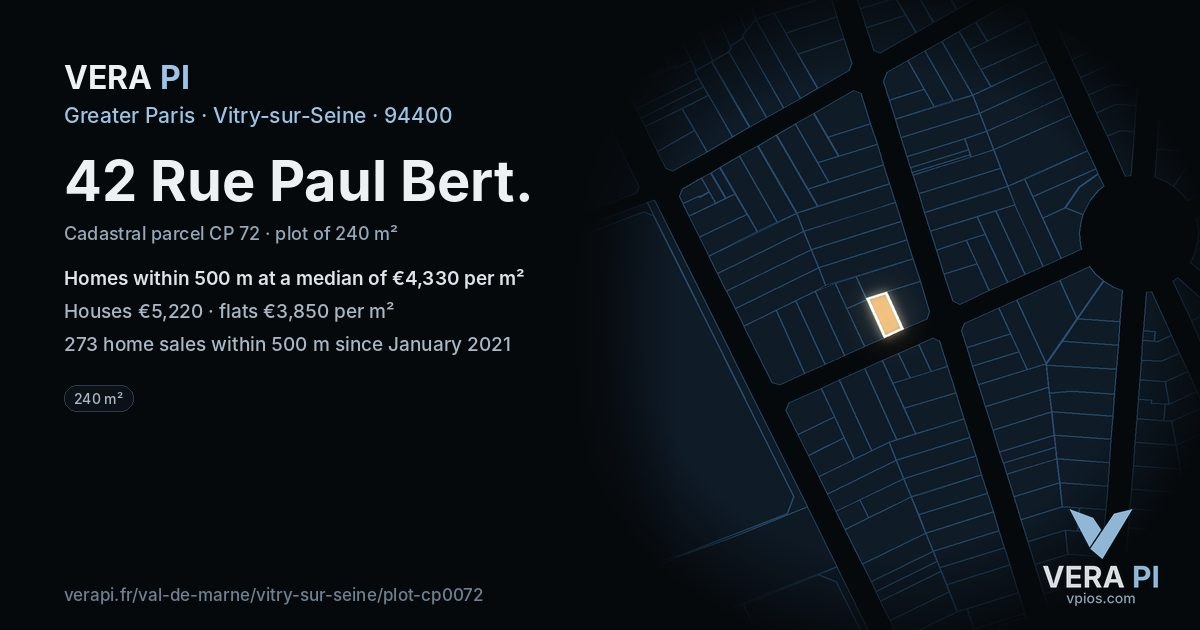 42 Rue Paul Bert, Vitry-sur-Seine at night – the plot lit, the parcels around coloured by the prices near them