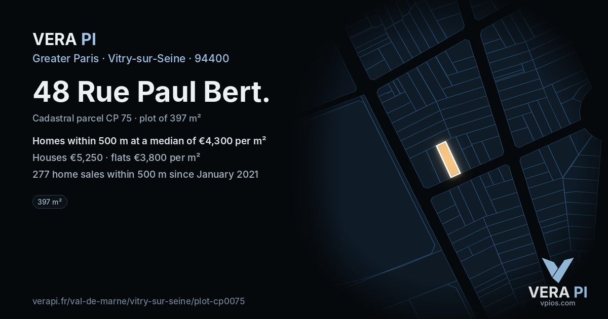 48 Rue Paul Bert, Vitry-sur-Seine at night – the plot lit, the parcels around coloured by the prices near them