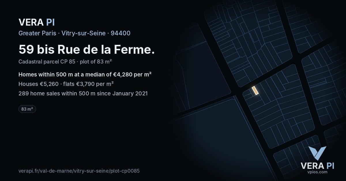 59 bis Rue de la Ferme, Vitry-sur-Seine at night – the plot lit, the parcels around coloured by the prices near them