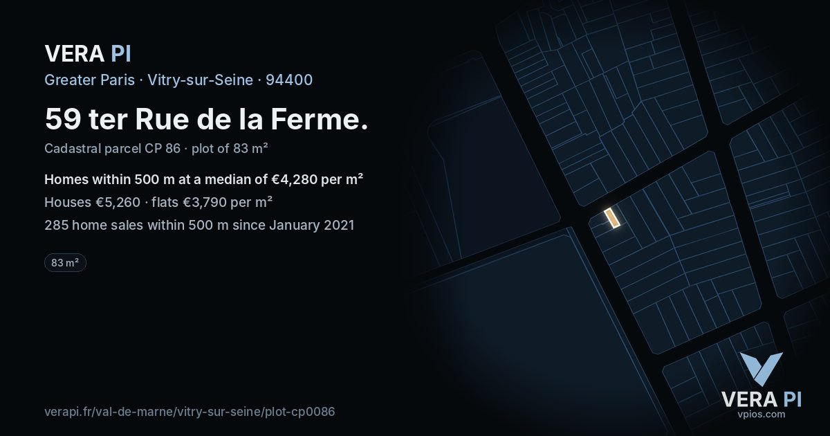 59 ter Rue de la Ferme, Vitry-sur-Seine at night – the plot lit, the parcels around coloured by the prices near them