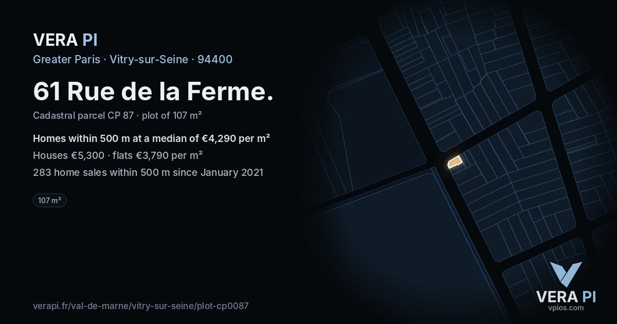 61 Rue de la Ferme, Vitry-sur-Seine at night – the plot lit, the parcels around coloured by the prices near them