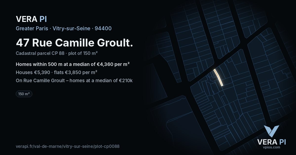47 Rue Camille Groult, Vitry-sur-Seine at night – the plot lit, the parcels around coloured by the prices near them