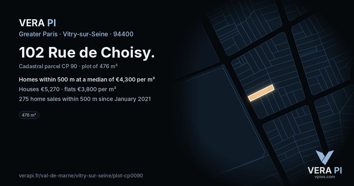102 Rue de Choisy, Vitry-sur-Seine at night – the plot lit, the parcels around coloured by the prices near them