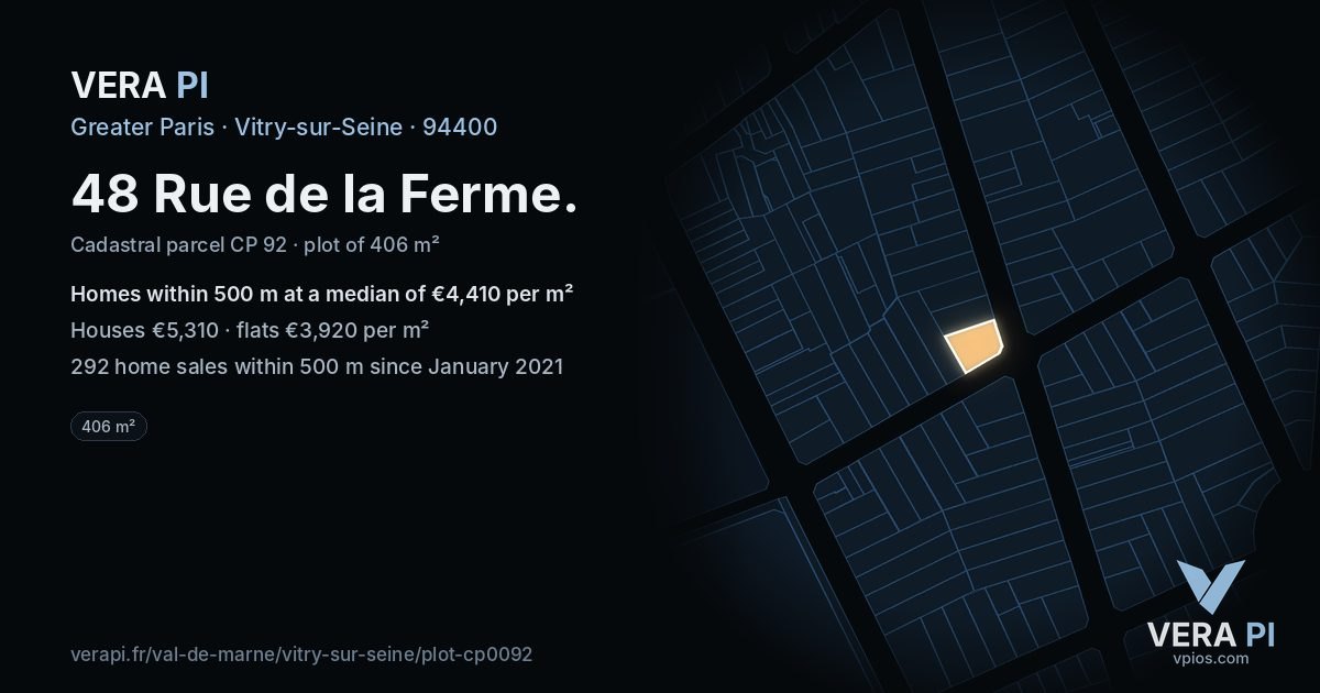 48 Rue de la Ferme, Vitry-sur-Seine at night – the plot lit, the parcels around coloured by the prices near them