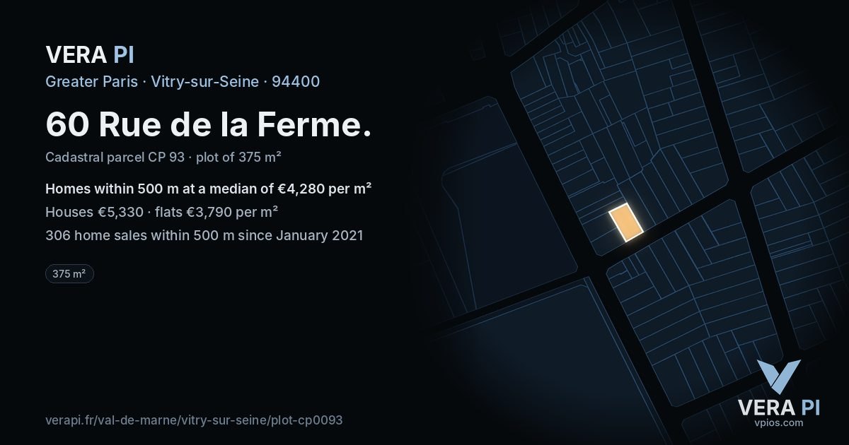 60 Rue de la Ferme, Vitry-sur-Seine at night – the plot lit, the parcels around coloured by the prices near them