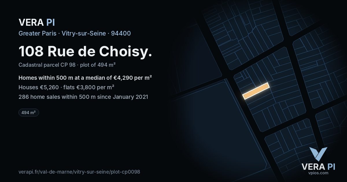 108 Rue de Choisy, Vitry-sur-Seine at night – the plot lit, the parcels around coloured by the prices near them