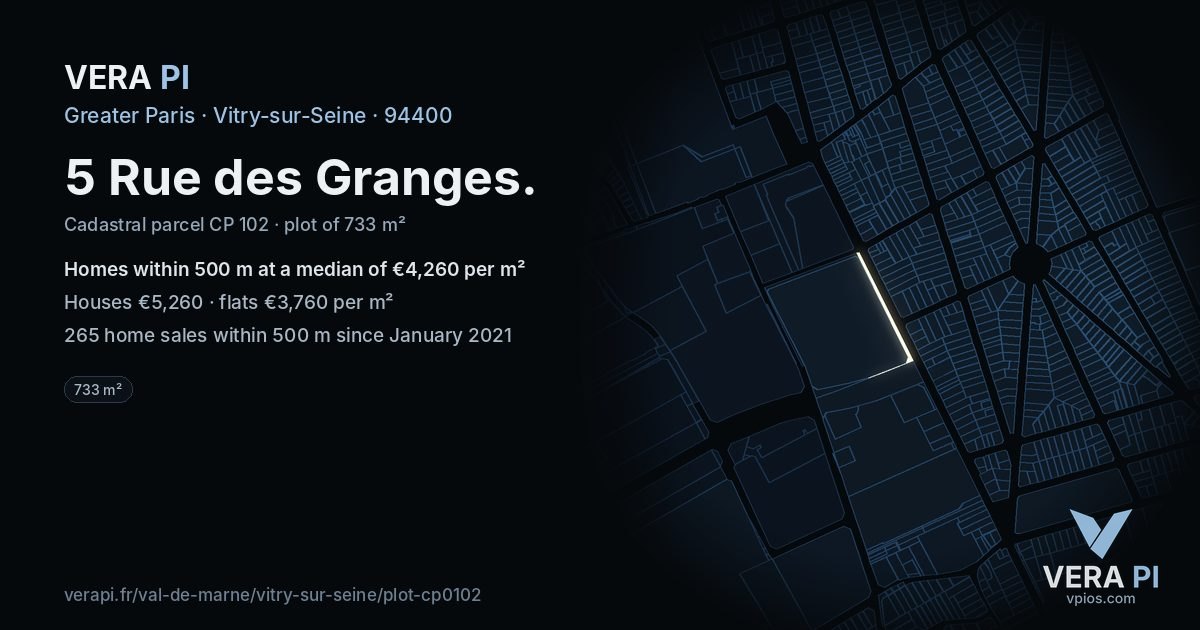 5 Rue des Granges, Vitry-sur-Seine at night – the plot lit, the parcels around coloured by the prices near them