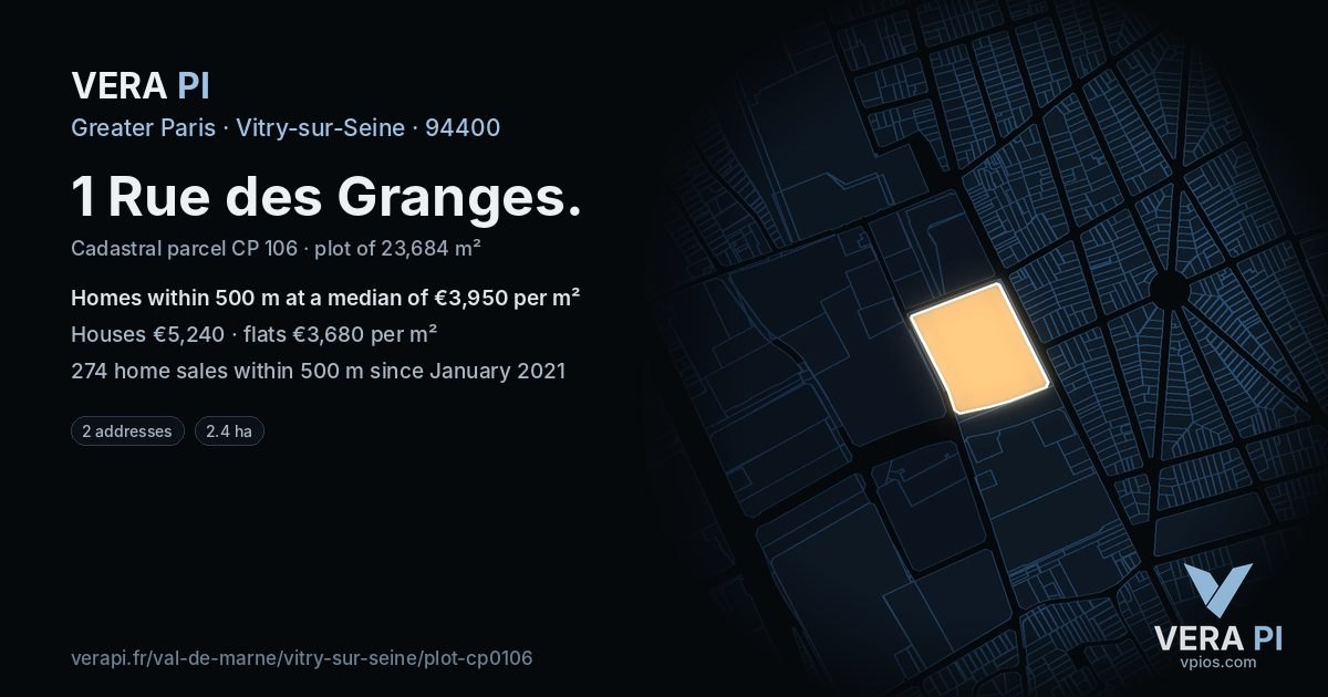 1 Rue des Granges, Vitry-sur-Seine at night – the plot lit, the parcels around coloured by the prices near them