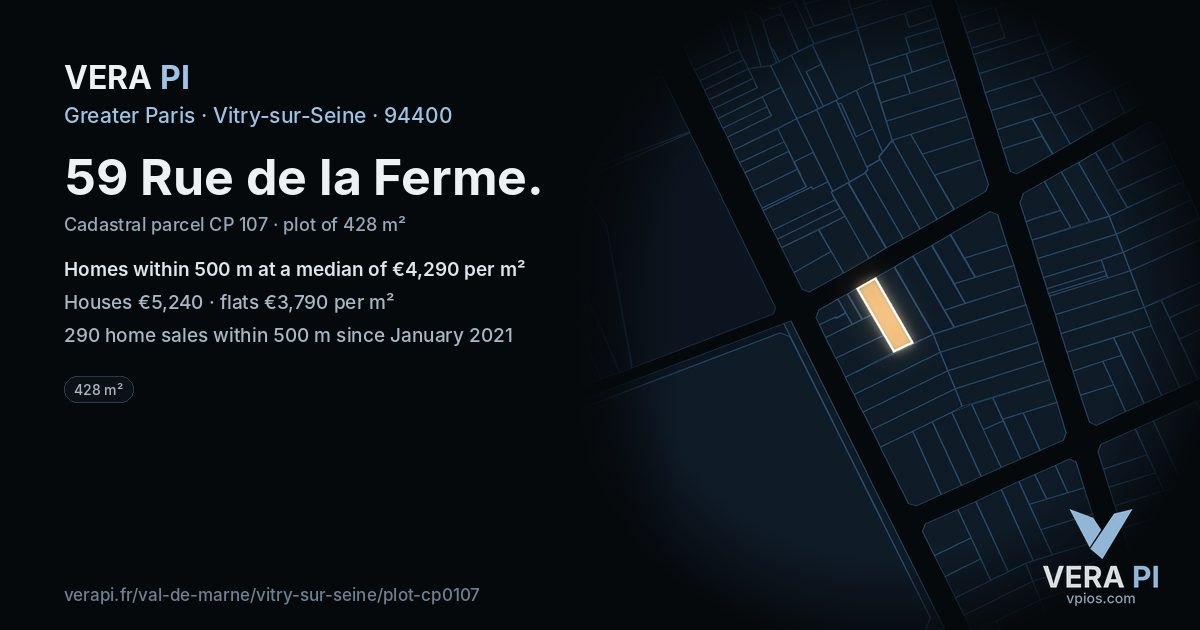 59 Rue de la Ferme, Vitry-sur-Seine at night – the plot lit, the parcels around coloured by the prices near them