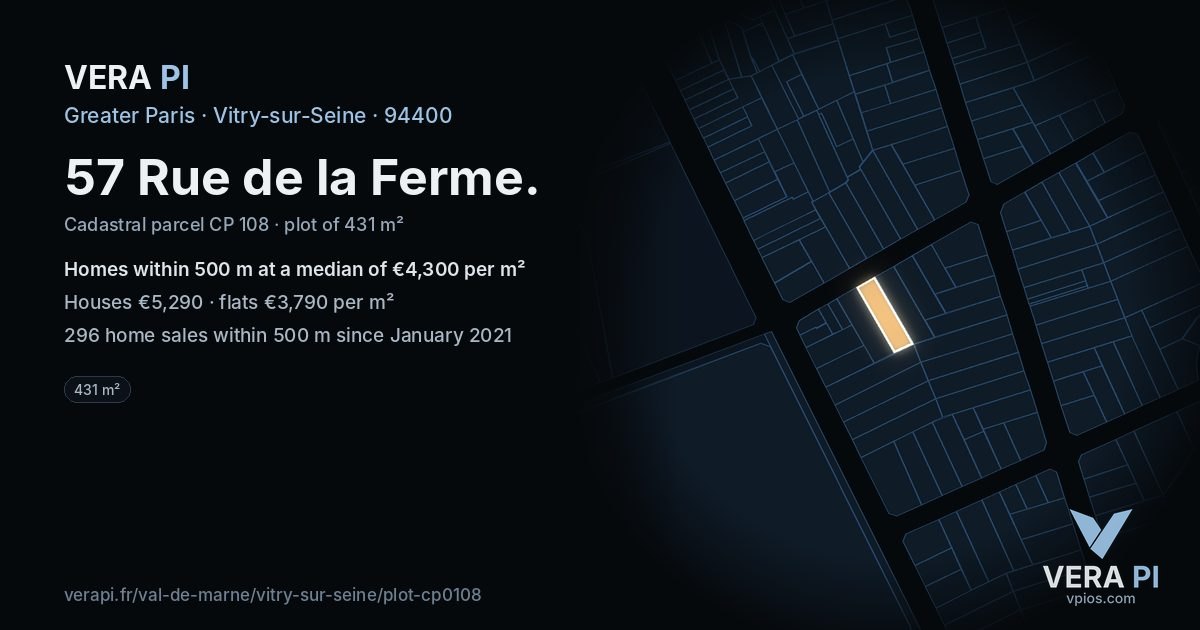 57 Rue de la Ferme, Vitry-sur-Seine at night – the plot lit, the parcels around coloured by the prices near them