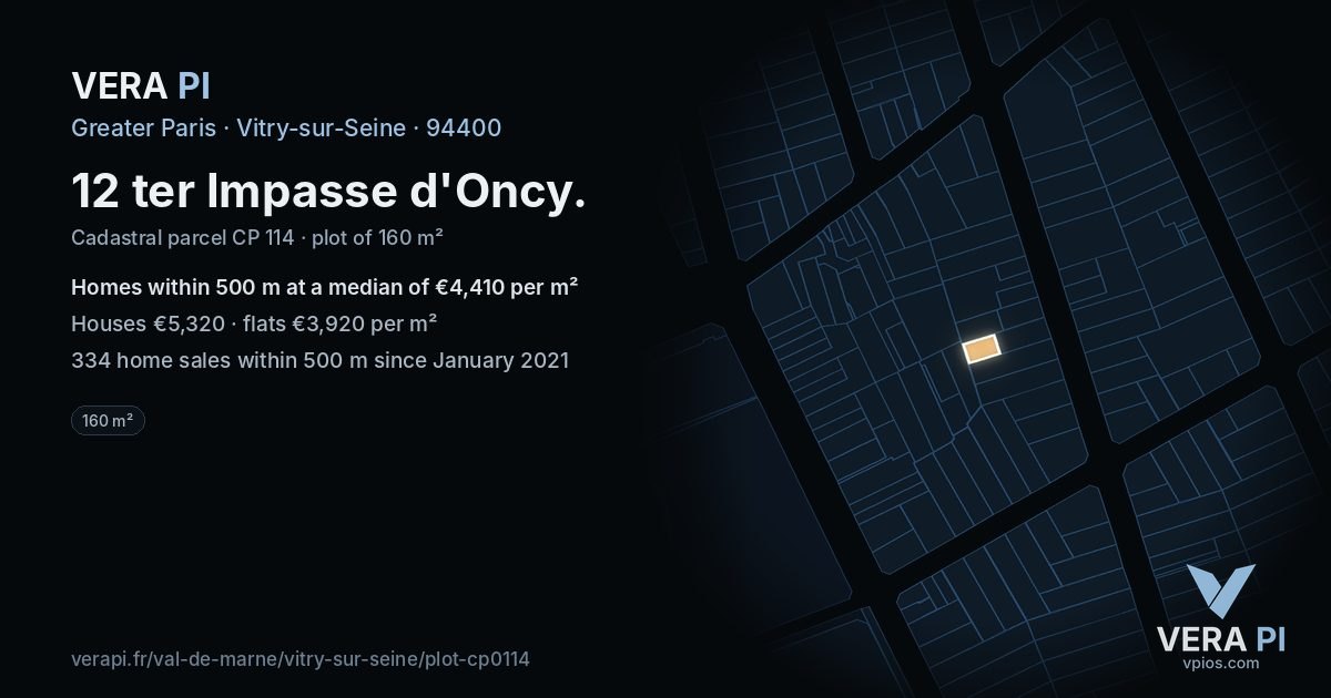12 ter Impasse d'Oncy, Vitry-sur-Seine at night – the plot lit, the parcels around coloured by the prices near them