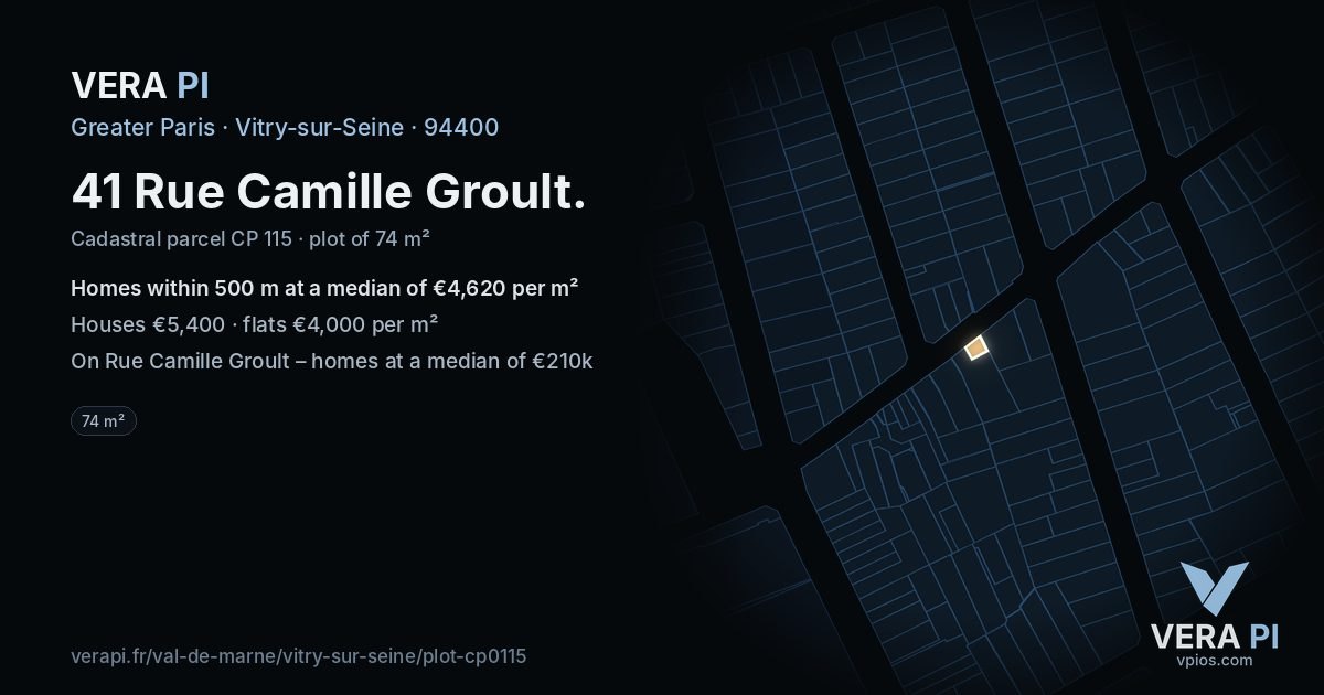 41 Rue Camille Groult, Vitry-sur-Seine at night – the plot lit, the parcels around coloured by the prices near them