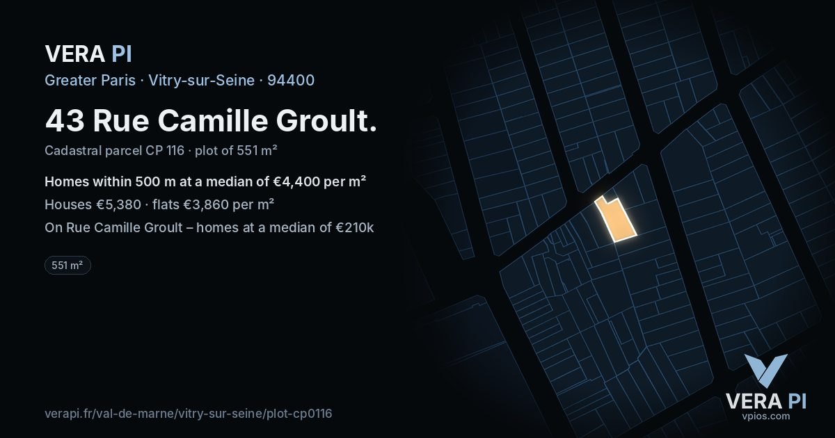 43 Rue Camille Groult, Vitry-sur-Seine at night – the plot lit, the parcels around coloured by the prices near them