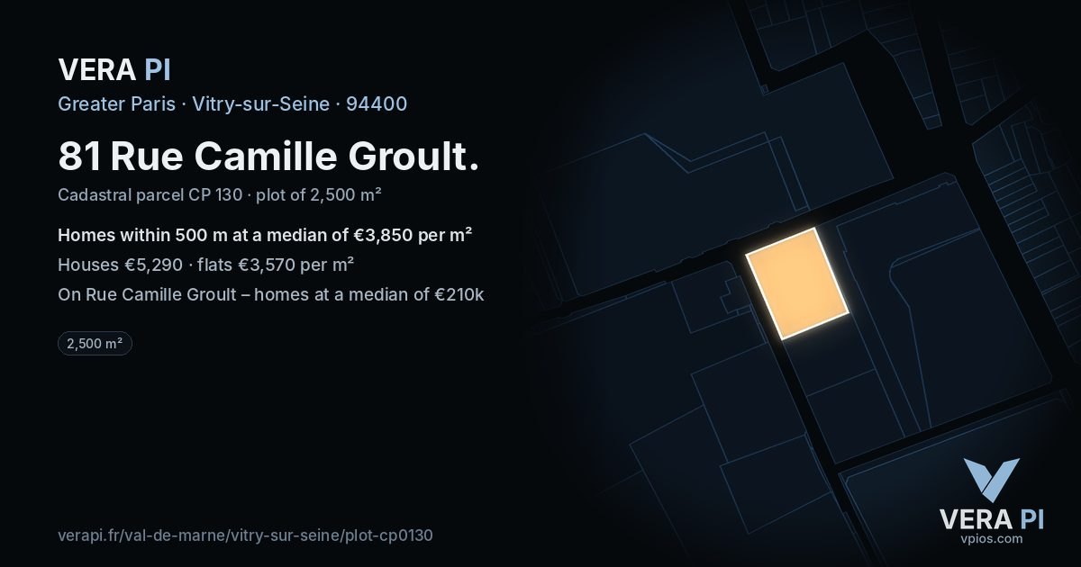 81 Rue Camille Groult, Vitry-sur-Seine at night – the plot lit, the parcels around coloured by the prices near them