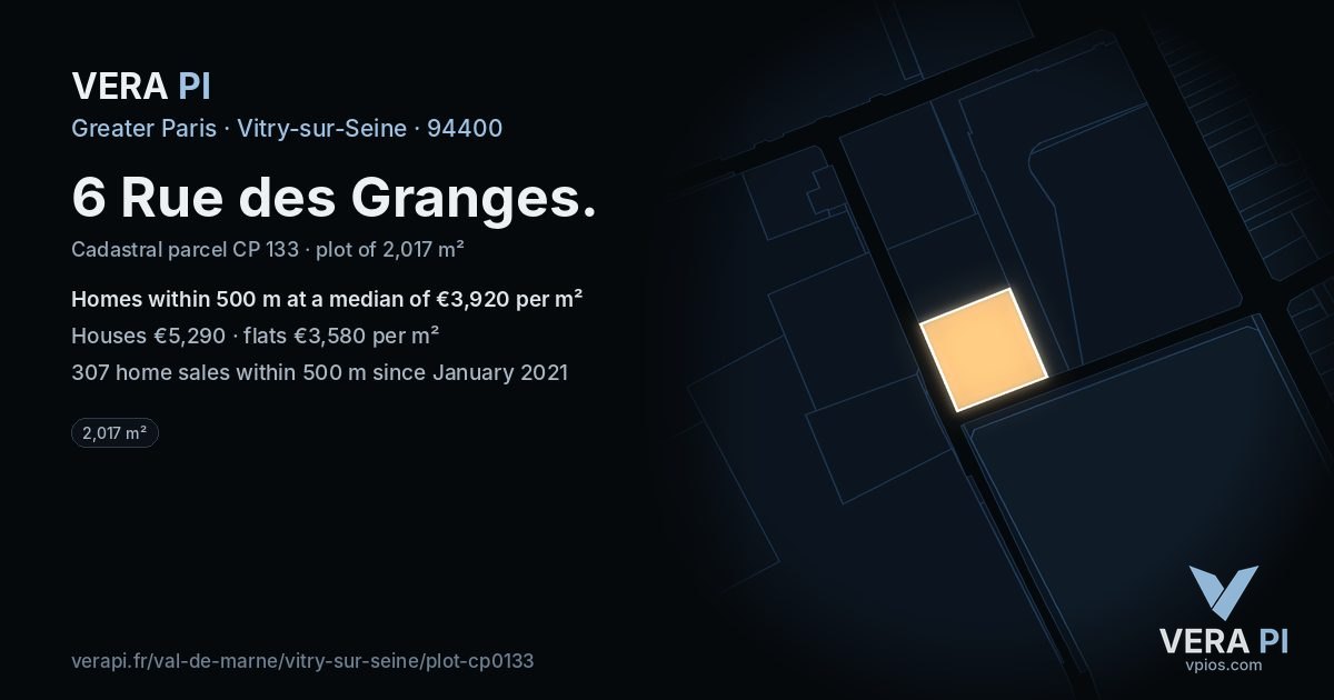 6 Rue des Granges, Vitry-sur-Seine at night – the plot lit, the parcels around coloured by the prices near them