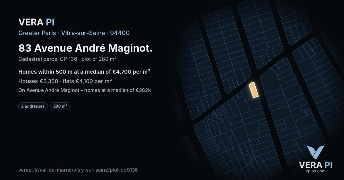 83 Avenue André Maginot, Vitry-sur-Seine at night – the plot lit, the parcels around coloured by the prices near them