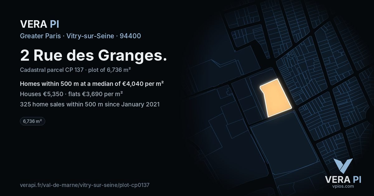 2 Rue des Granges, Vitry-sur-Seine at night – the plot lit, the parcels around coloured by the prices near them