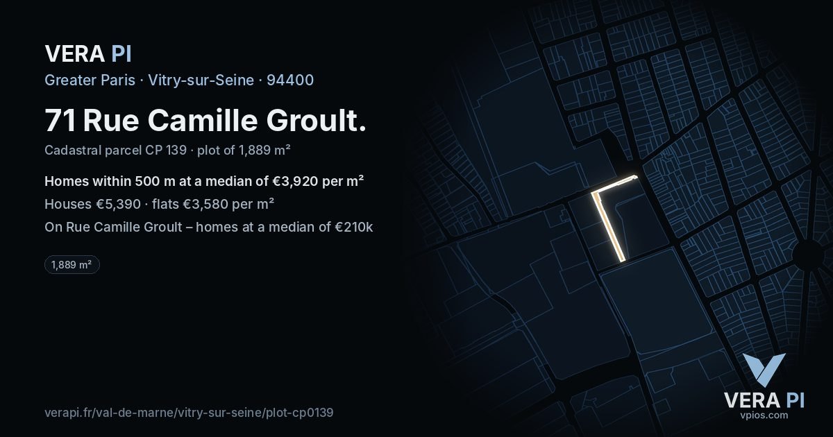 71 Rue Camille Groult, Vitry-sur-Seine at night – the plot lit, the parcels around coloured by the prices near them