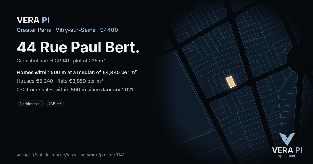 44 Rue Paul Bert, Vitry-sur-Seine at night – the plot lit, the parcels around coloured by the prices near them