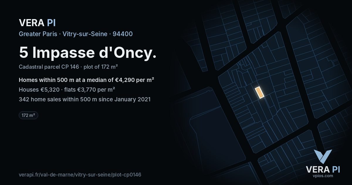 5 Impasse d'Oncy, Vitry-sur-Seine at night – the plot lit, the parcels around coloured by the prices near them