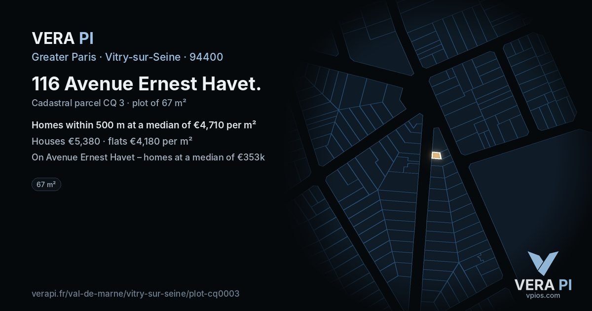 116 Avenue Ernest Havet, Vitry-sur-Seine at night – the plot lit, the parcels around coloured by the prices near them