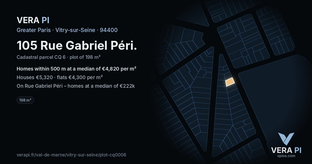 105 Rue Gabriel Péri, Vitry-sur-Seine at night – the plot lit, the parcels around coloured by the prices near them