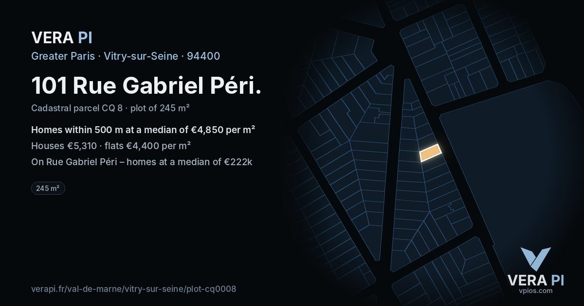 101 Rue Gabriel Péri, Vitry-sur-Seine at night – the plot lit, the parcels around coloured by the prices near them