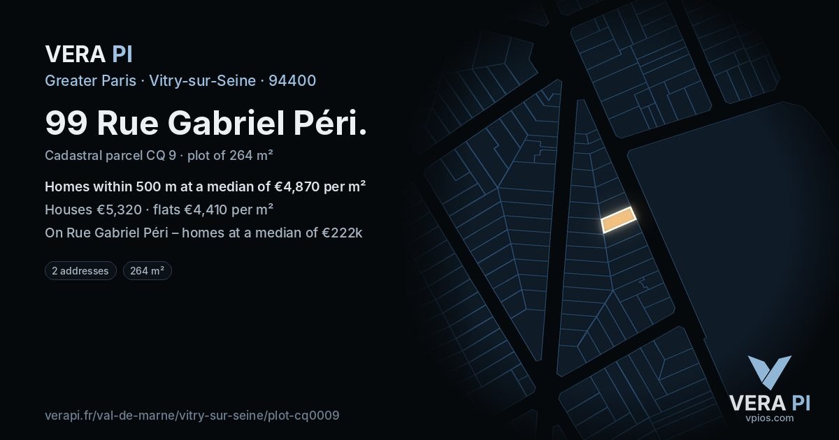 99 Rue Gabriel Péri, Vitry-sur-Seine at night – the plot lit, the parcels around coloured by the prices near them