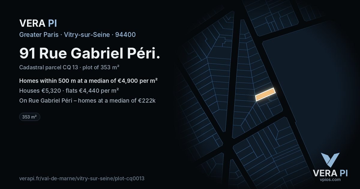 91 Rue Gabriel Péri, Vitry-sur-Seine at night – the plot lit, the parcels around coloured by the prices near them