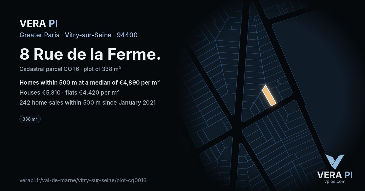 8 Rue de la Ferme, Vitry-sur-Seine at night – the plot lit, the parcels around coloured by the prices near them