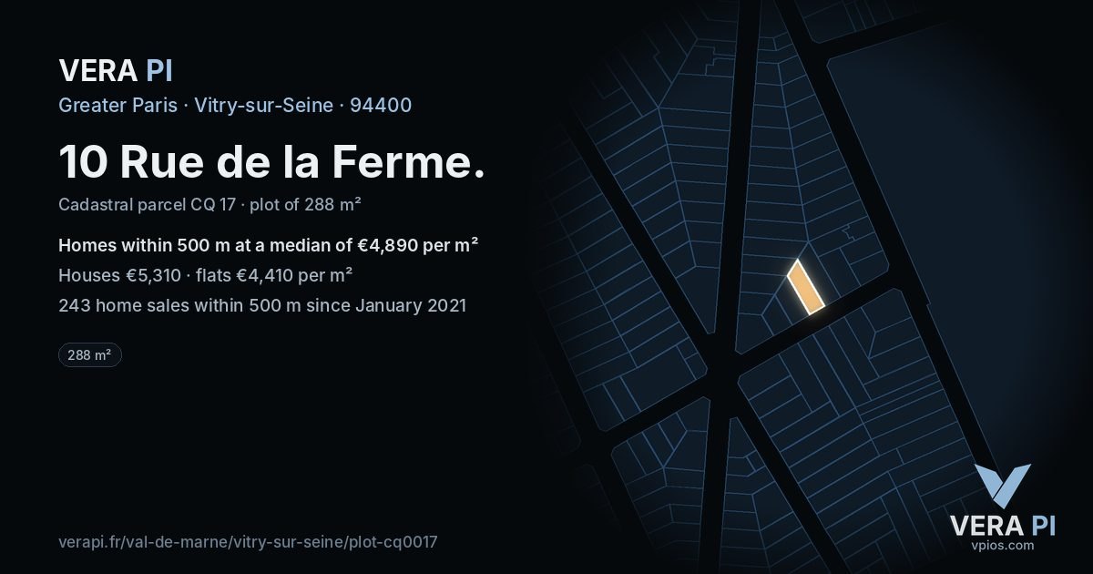 10 Rue de la Ferme, Vitry-sur-Seine at night – the plot lit, the parcels around coloured by the prices near them