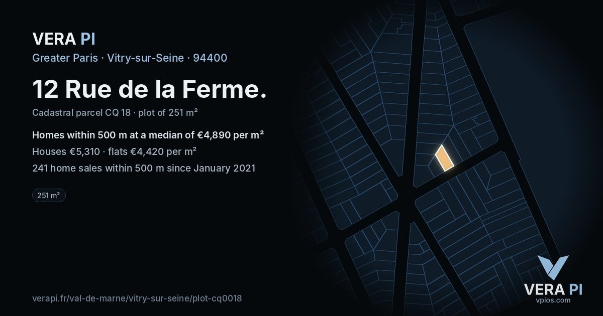12 Rue de la Ferme, Vitry-sur-Seine at night – the plot lit, the parcels around coloured by the prices near them