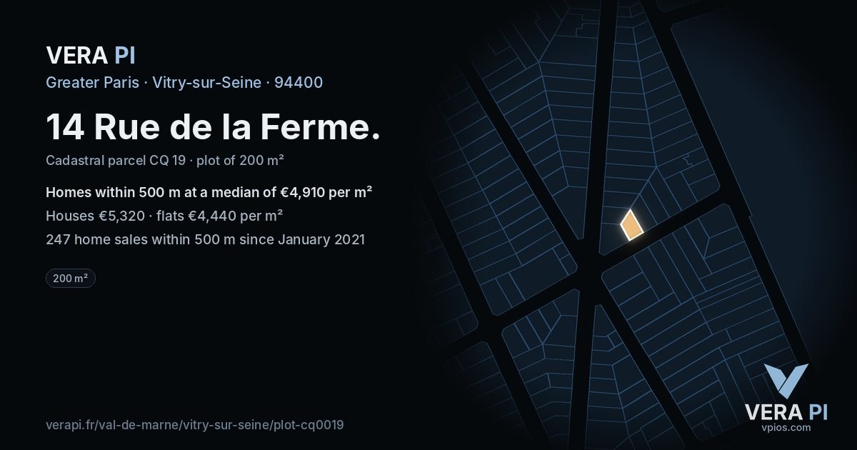 14 Rue de la Ferme, Vitry-sur-Seine at night – the plot lit, the parcels around coloured by the prices near them